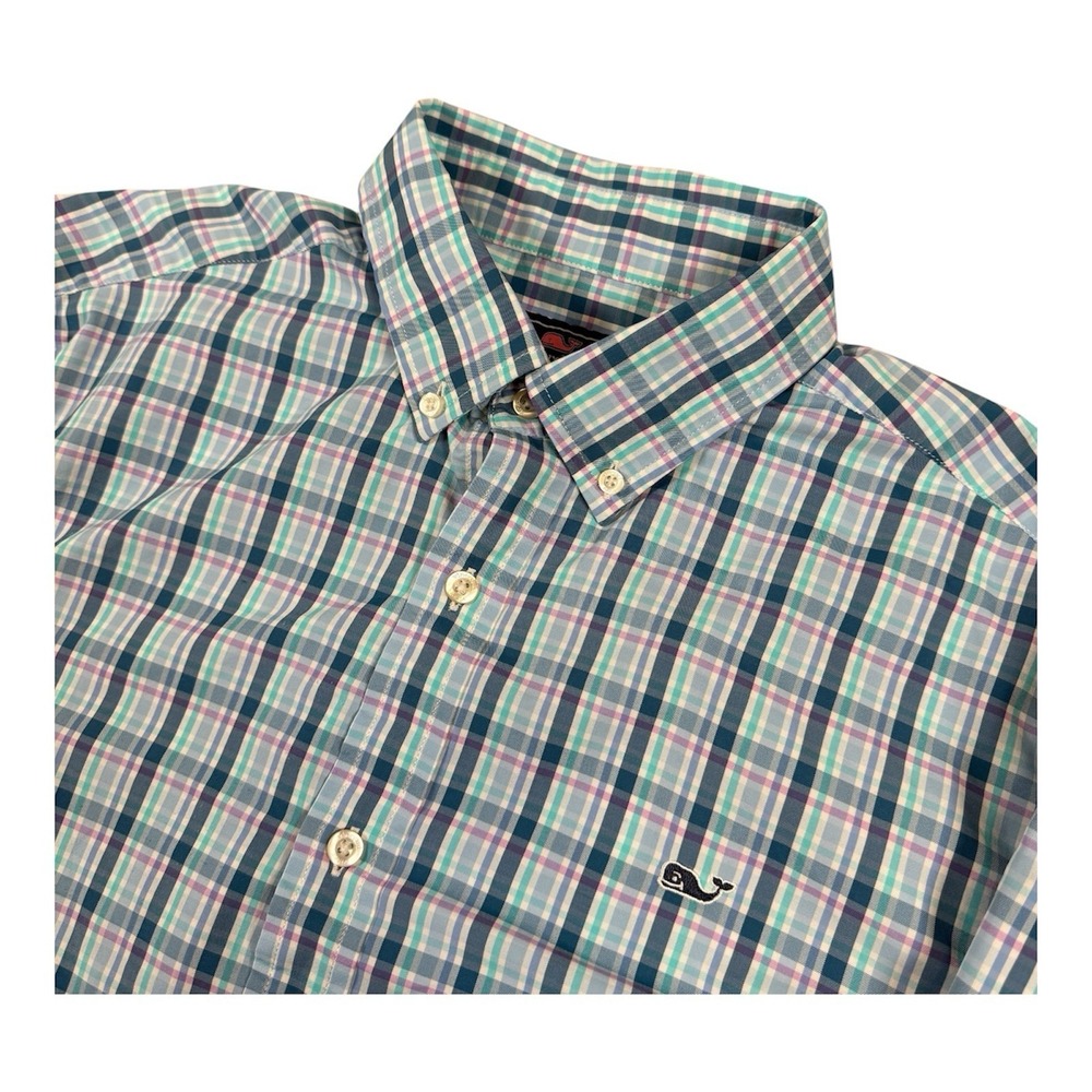 Vineyard Vines Men's L Blue Plaid Nylon Blend‎ Long Sleeve Whale Shirt